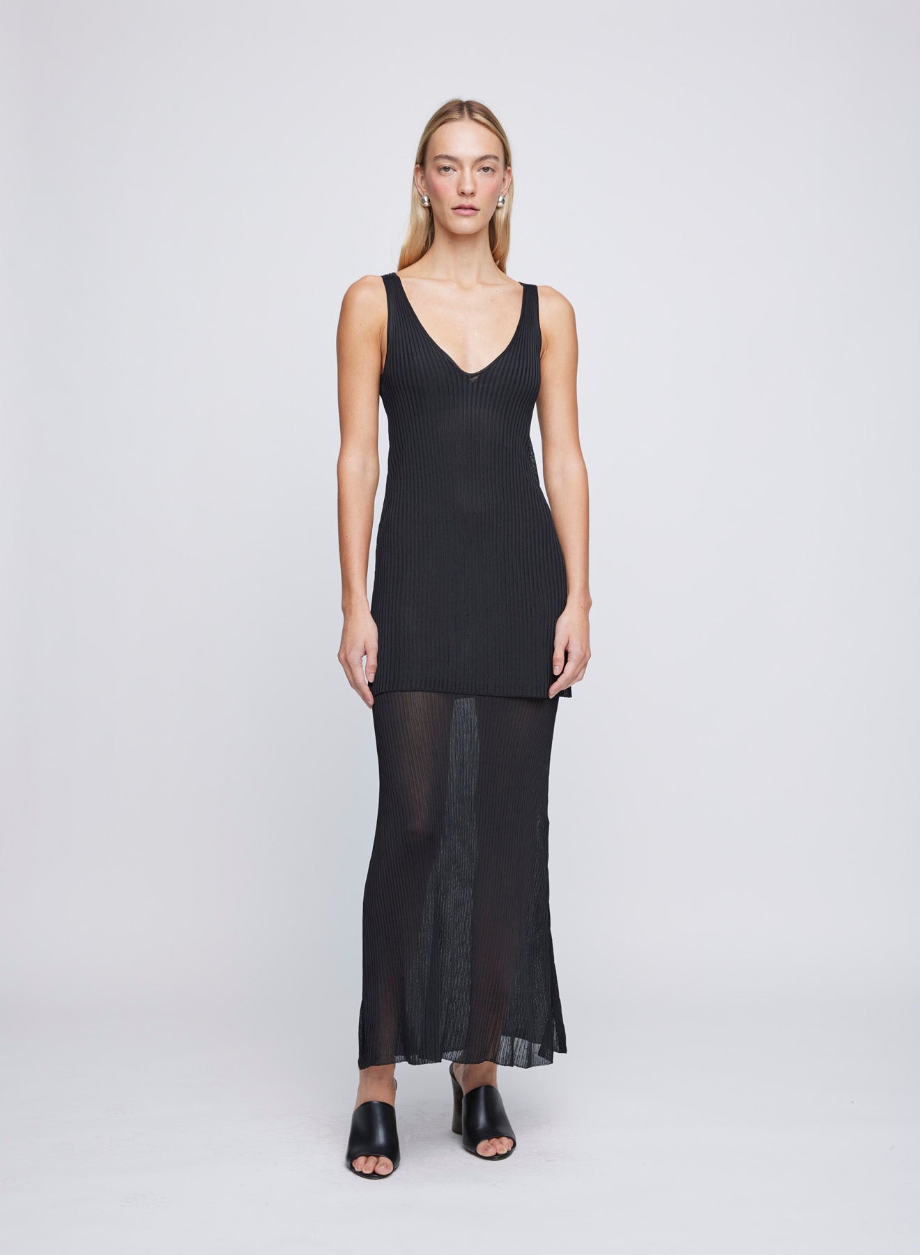 The ANNA QUAN Tilda Dress is a sleeveless sheer knitted midi dress with a deep v neckline and stretch double layering. 