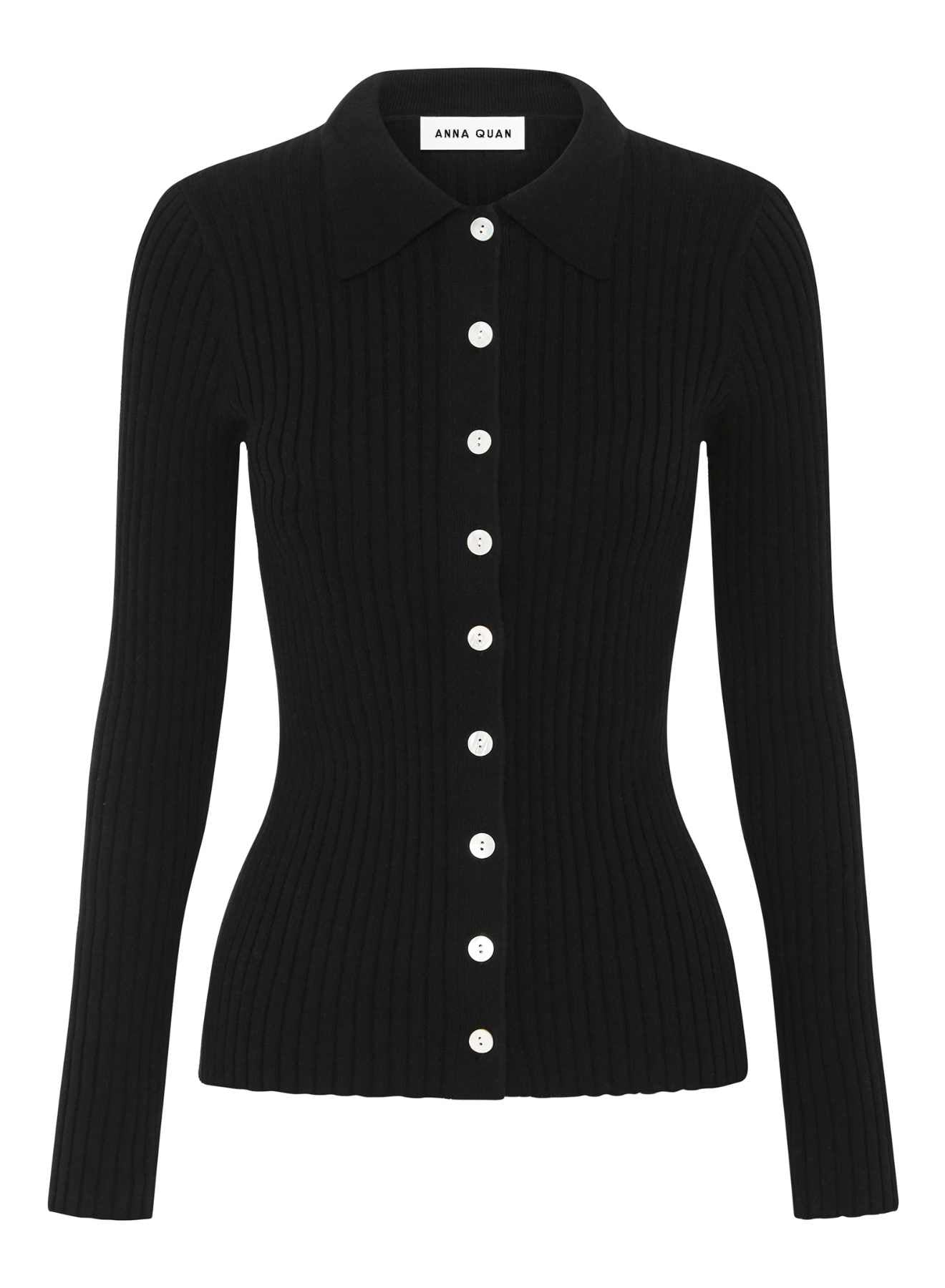 Cotton rib long sleeve polo knit top with contrast trims and mother of pearl buttons. Black knit top, black long sleeve knit top, black work top.