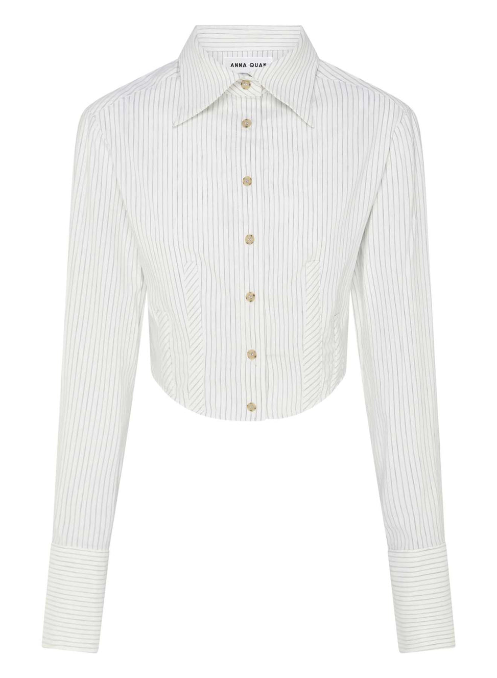 ANNA QUAN Cropped Stretch Cotton Shirt, enhanced with boning inserts for a contemporary twist. This cropped shirt is a statement piece, designed to elevate your everyday dressing with its unique boning inserts. White shirts, work shirts, cool work shirts, everyday work shirts, everyday cotton shirts, cropped shirts, oversized cropped shirt.