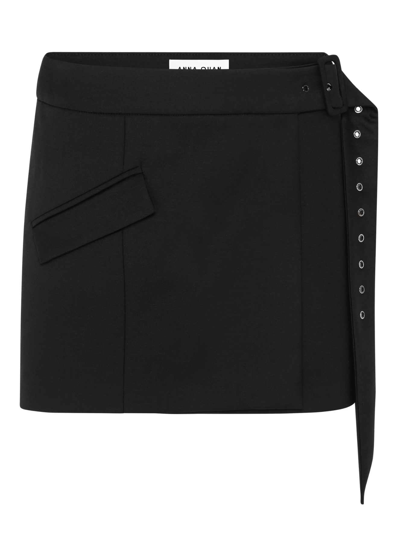 ANNA QUAN Pleat Wrap Mini Skirt. Designed for the fashion-forward, this skirt combines contemporary style with classic elegance. Embrace versatility with this wardrobe essential, perfect for both casual outings and dressed-up occasions. Black mini-skirt, black micro-mini-skirt, black work skirt, wool mini skirt, pleated short skirt, pleated mini skirt.