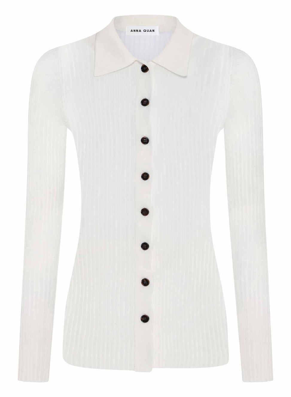 ANNA QUAN'S Sheer Long Sleeve Knit Top, a versatile addition to any knitwear collection. Adorned with mother-of-pearl buttons, this top is perfect for both casual and workwear occasions. Sheer knitwear, button down knitwear, button down top, knit top, sheer knit top, longsleeve knit top.