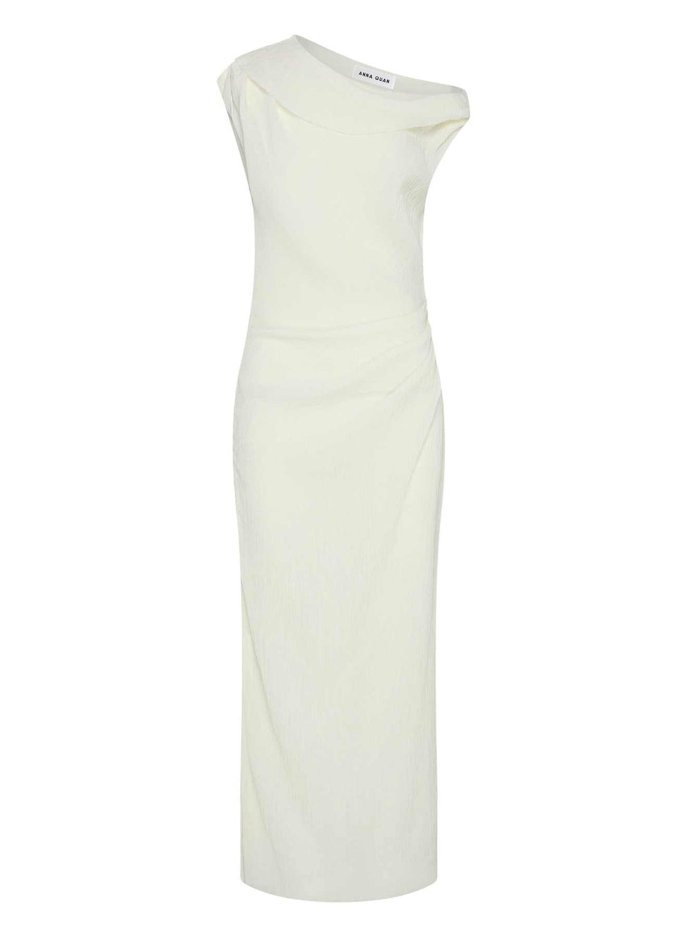 ANNA QUAN Off-Shoulder Crinkle White Midi Dress, a versatile and timeless addition to your wardrobe. Discover all new dresses for any event or special occasion. White midi-dress, white event dress, wedding party dress, ivory midi-dress, ivory event dress, ivory special occasion dress.