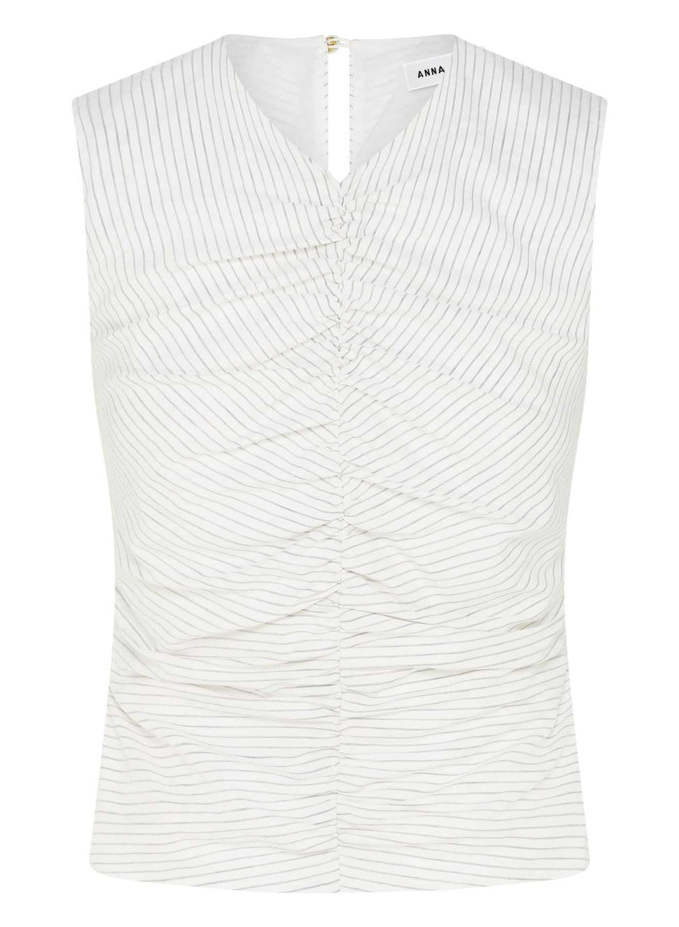 Gathered, sleeveless top with high v neckline and zip back. Sleeveless Top, White Top, White Cotton Top, Ruched top, Cotton Top, Easy to wear tops