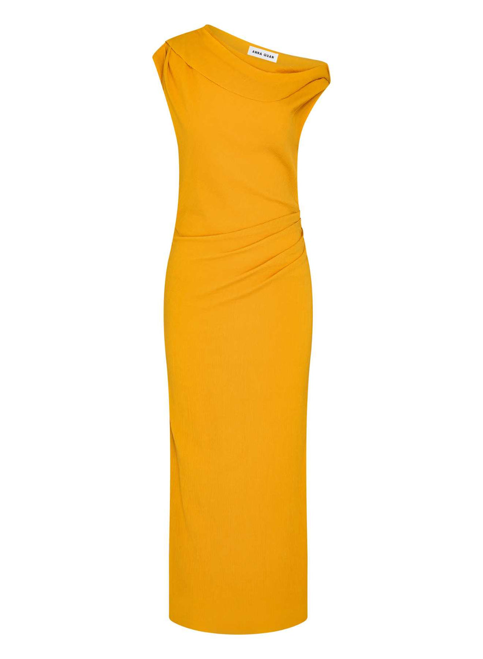 ANNA QUAN Off-Shoulder Crinkle Midi Dress, a versatile and timeless addition to your wardrobe. Discover all new dresses for any event or special occasion. Bright dress, bright midi-dress, orange midi-dress, orange event dress, wedding guest dress, formal dress.