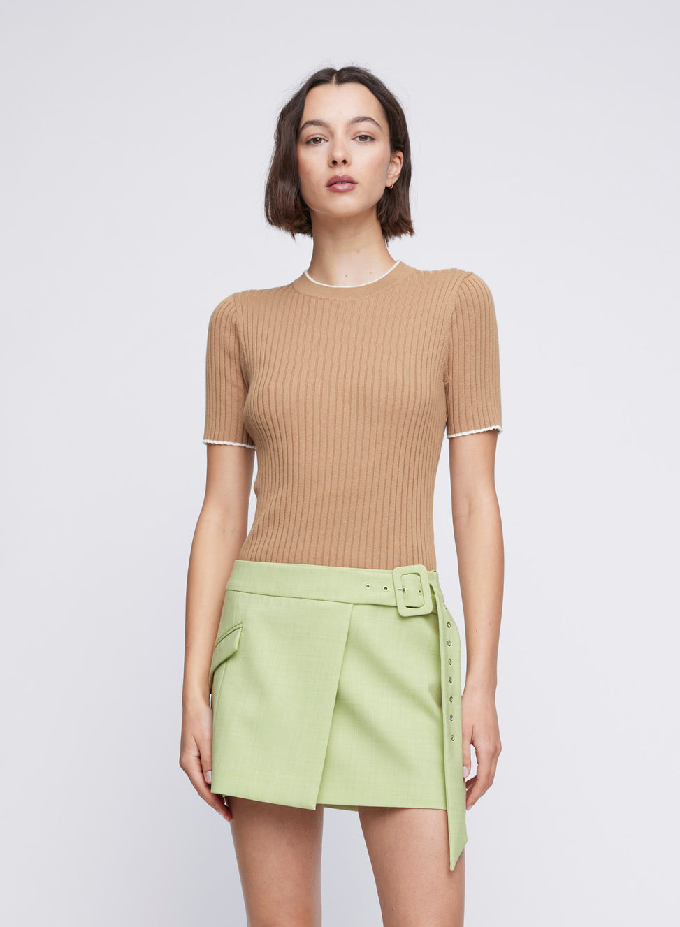 ANNA QUAN cotton rib knit crew neck top with marl texture. Short sleeve knit top, short sleeve top, short sleeve tee, every day knit tee, every day work knit top.