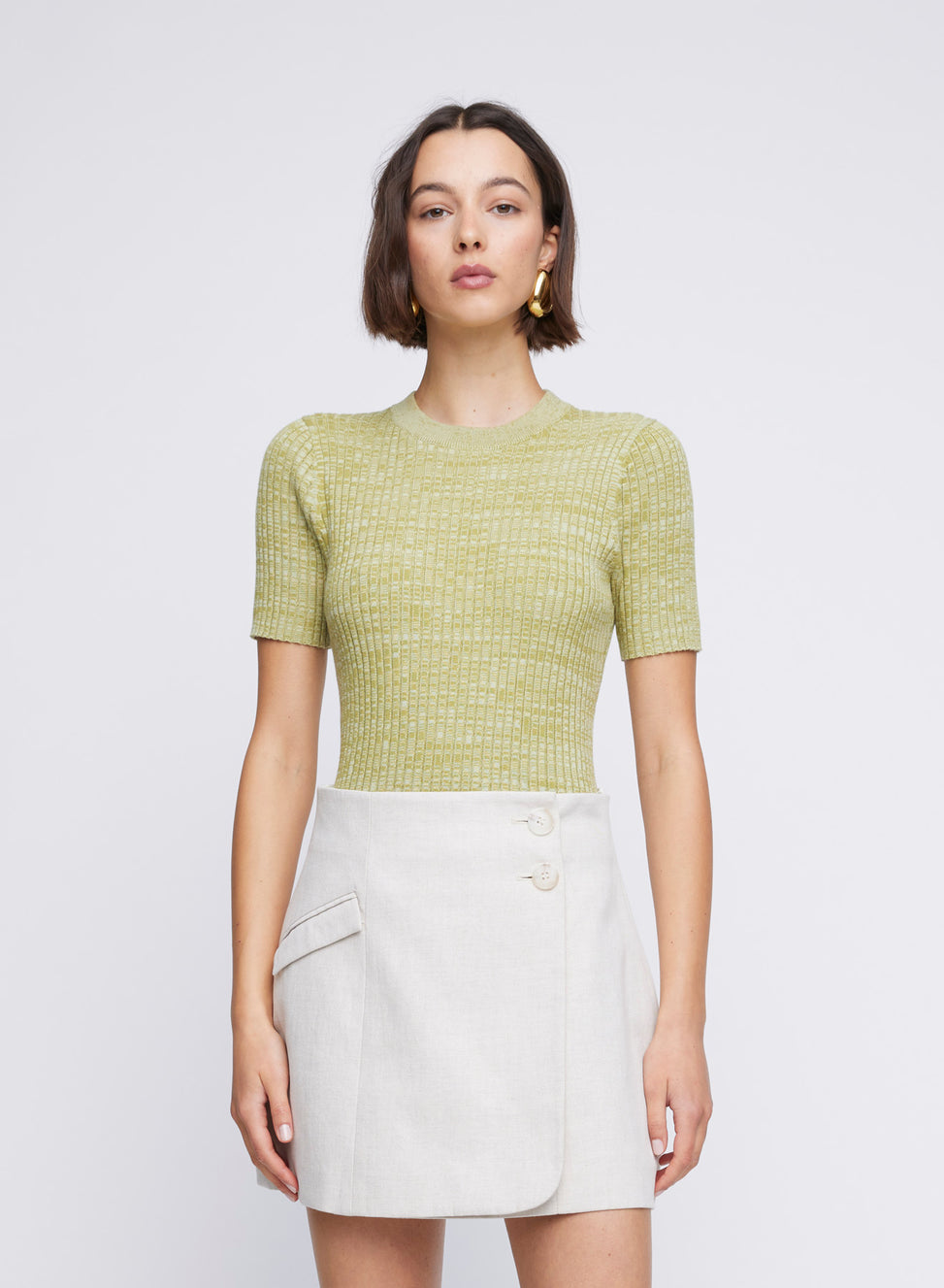 ANNA QUAN cotton rib knit crew neck top with marl texture. Short sleeve knit top, short sleeve top, short sleeve tee, every day knit tee, every day work knit top.