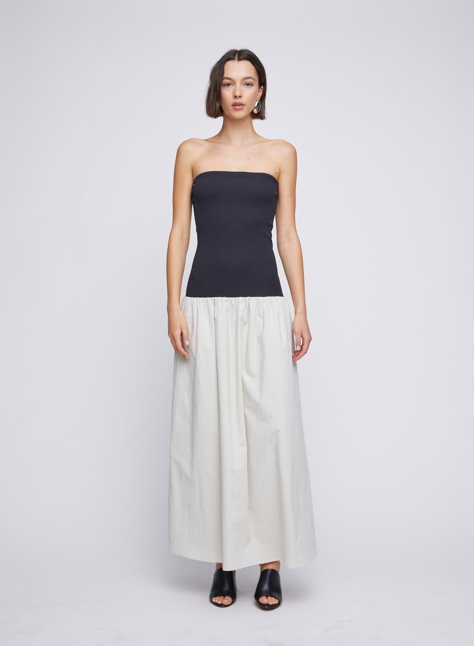 Mix-media cotton poplin and jersey rib strapless maxi dress with drop waist. Day dresses, day dress, going out dress, ANNA QUAN dresses, mixed media dresses, mixed media dress.