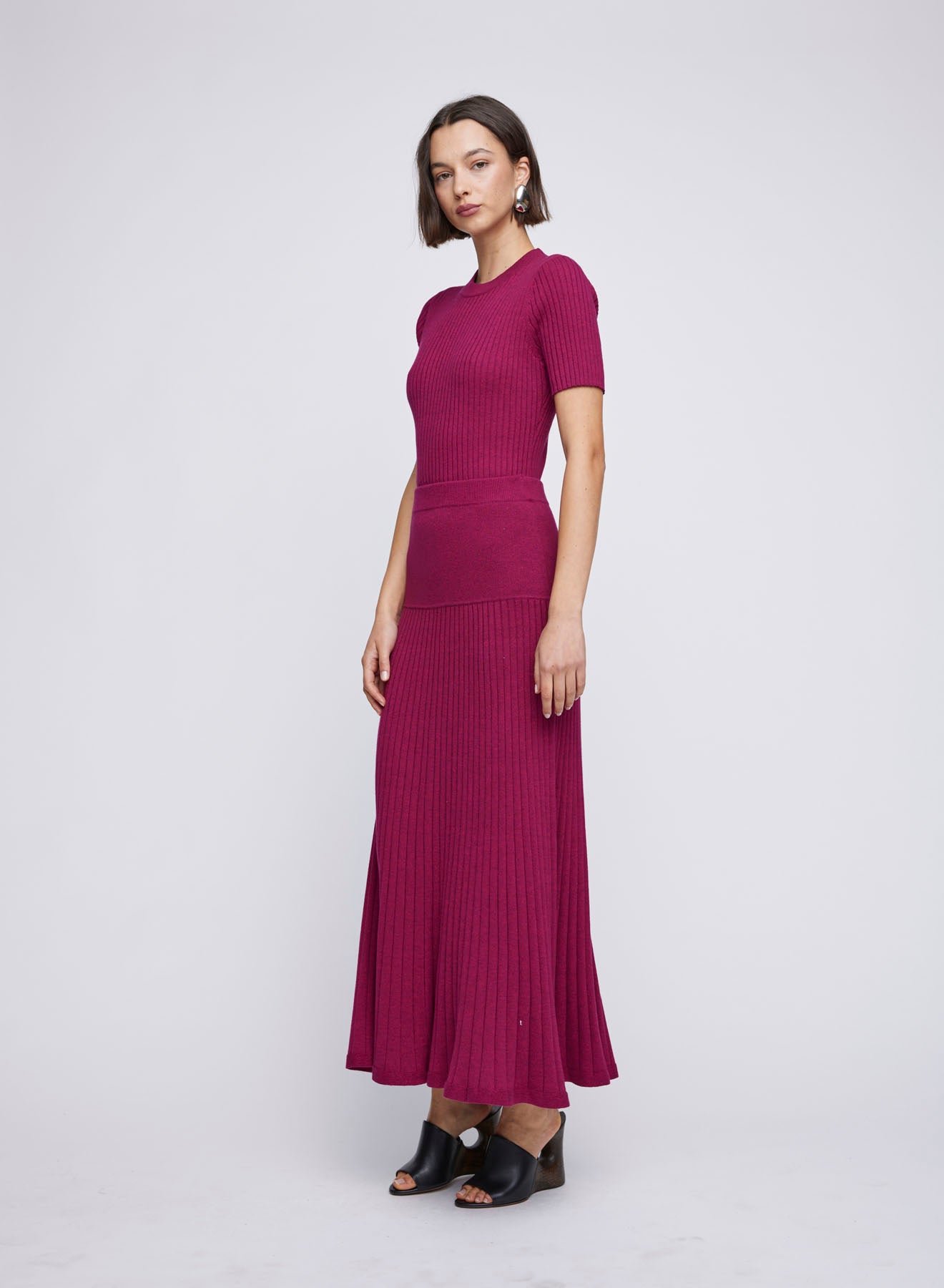 Cotton rib panelled A-line skirt with elasticated waistband. Knit skirt, red skirts, cherry skirts, full length skirts, casual skirts, everyday skirts, skirts for work.