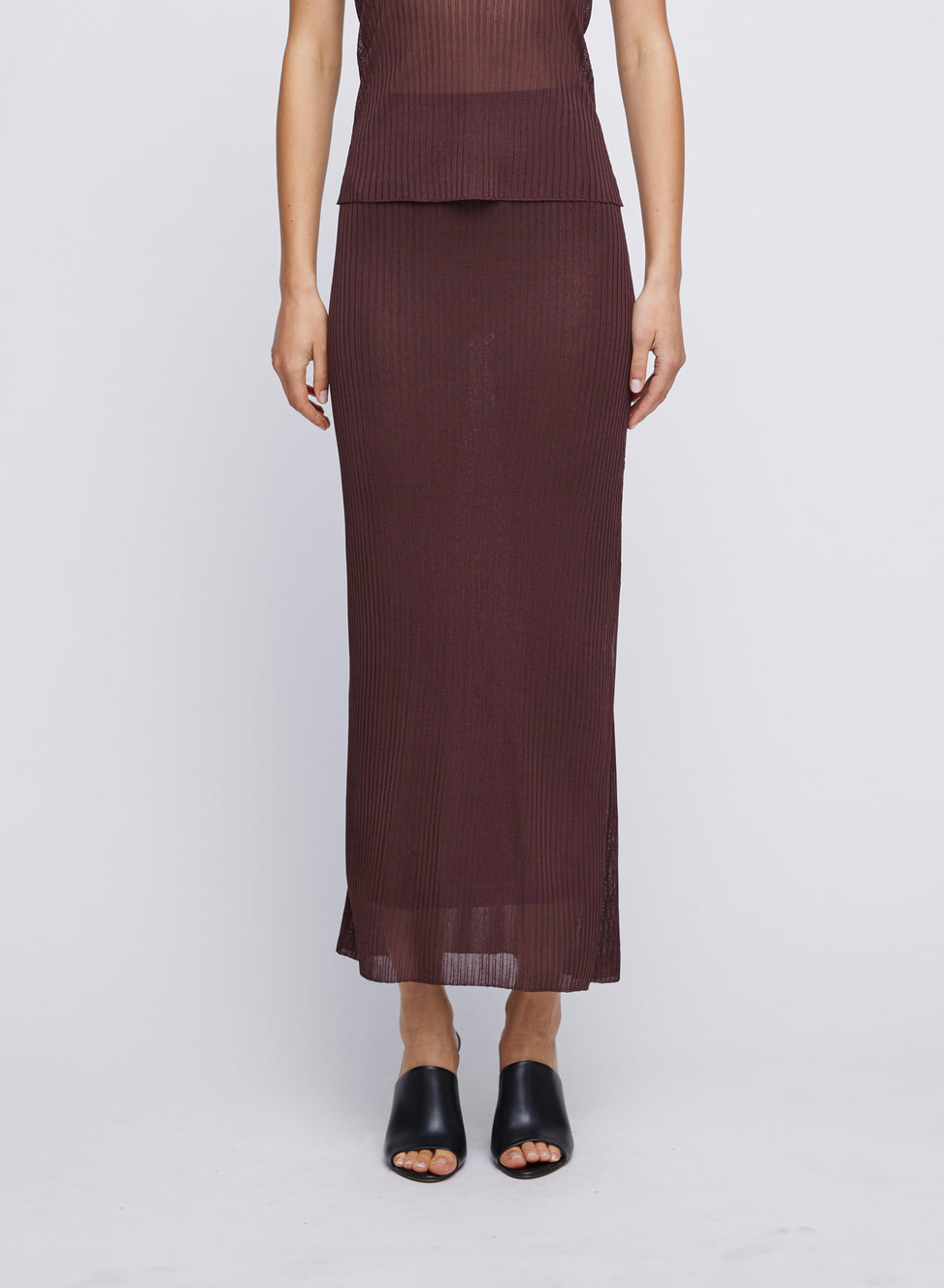 Sheer Tube Skirt with side split and elastic waist. Lightweight knit skirt, knit midi skirt, every day knit skirt, everyday knit skirt, easy to wear skirts.