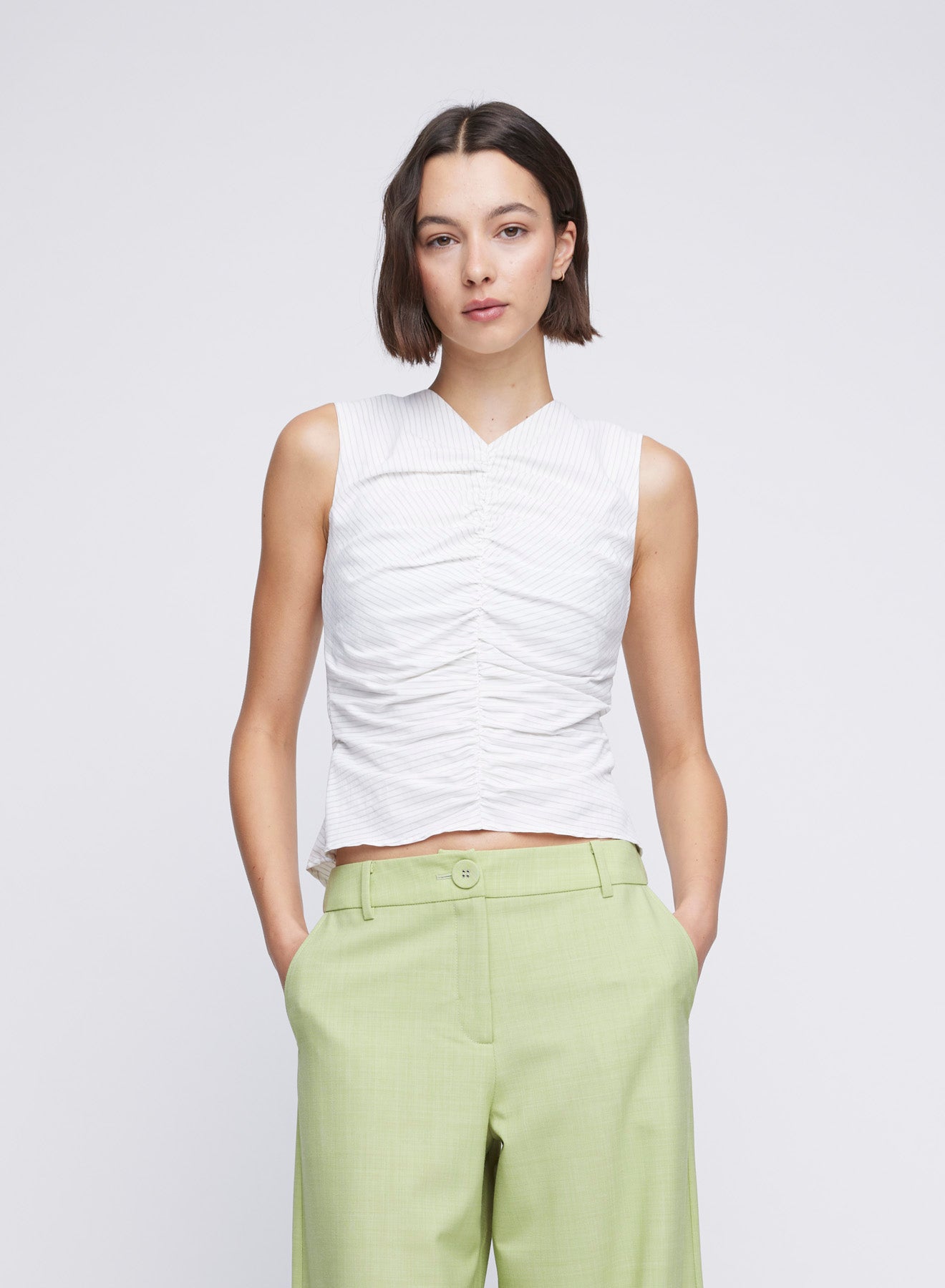 "Gathered, sleeveless top with high v neckline and zip back. Sleeveless Top, White Top, White Cotton Top, Ruched top, Cotton Top, Easy to wear tops "