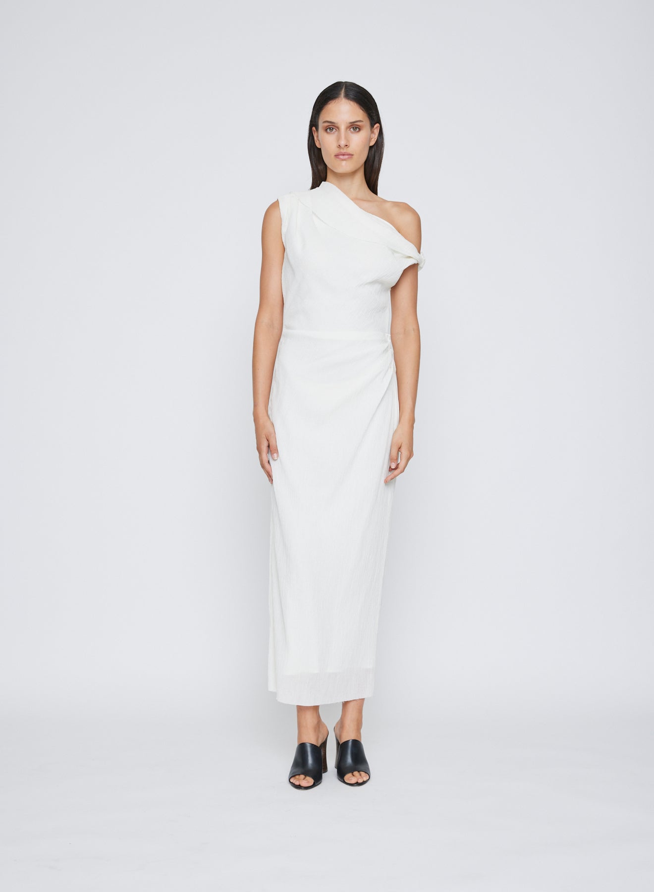 ANNA QUAN Off-Shoulder Crinkle White Midi Dress, a versatile and timeless addition to your wardrobe. Discover all new dresses for any event or special occasion. White midi-dress, white event dress, wedding party dress, ivory midi-dress, ivory event dress, ivory special occasion dress.